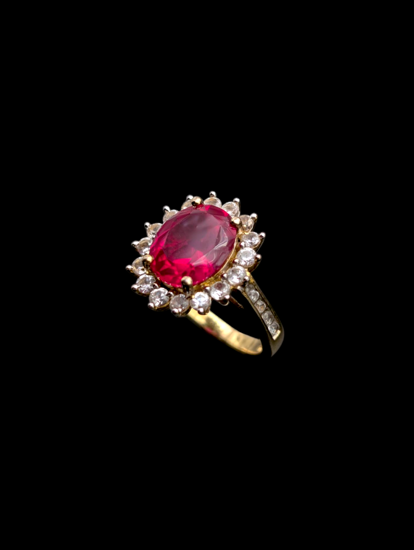 Vintage Oval Cut Genuine Ruby Solitaire with White Sapphire Halo 18k Gold Vermeil Statement Ring