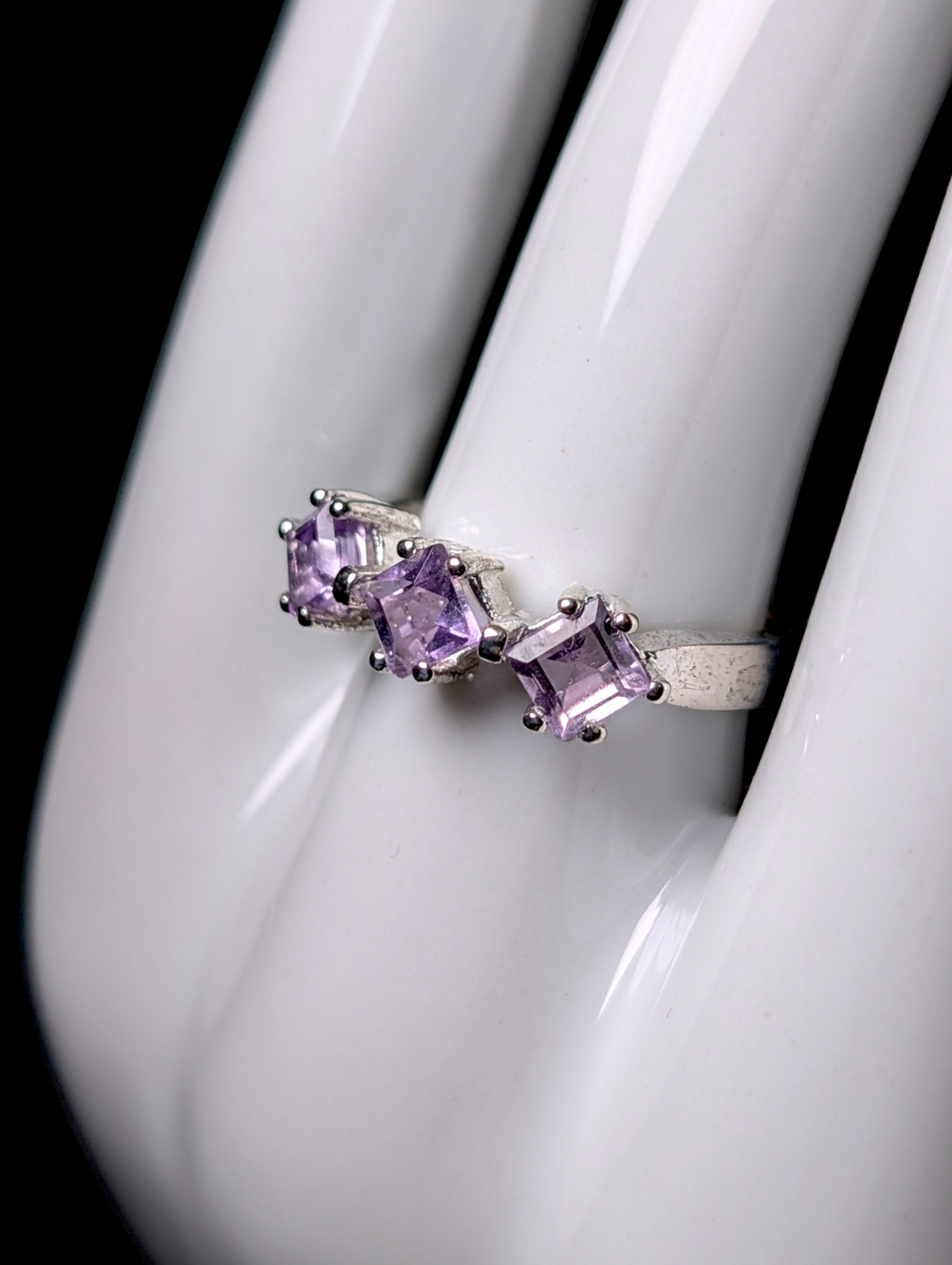 Vintage Diamond Cut 3 Stone Genuine Lavender Amethyst Sterling Silver Ring