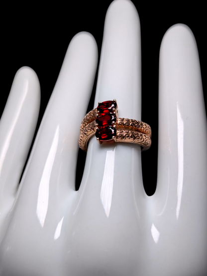 Vintage Three Stone Oval Cut Genuine Garnet Rose Gold Over Sterling Silver Ring