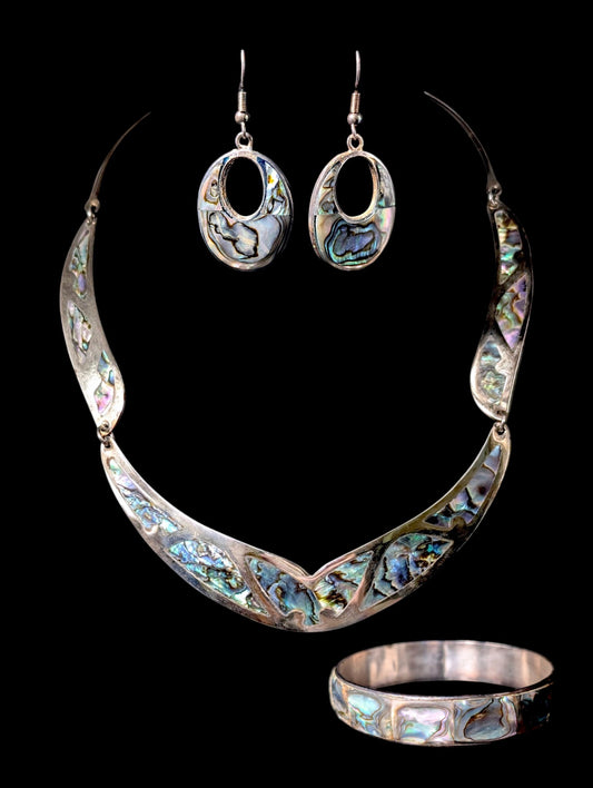 Vintage Mexican Silver Abalone Inlay 3 Piece Necklace, Bracelet, Earrings Set
