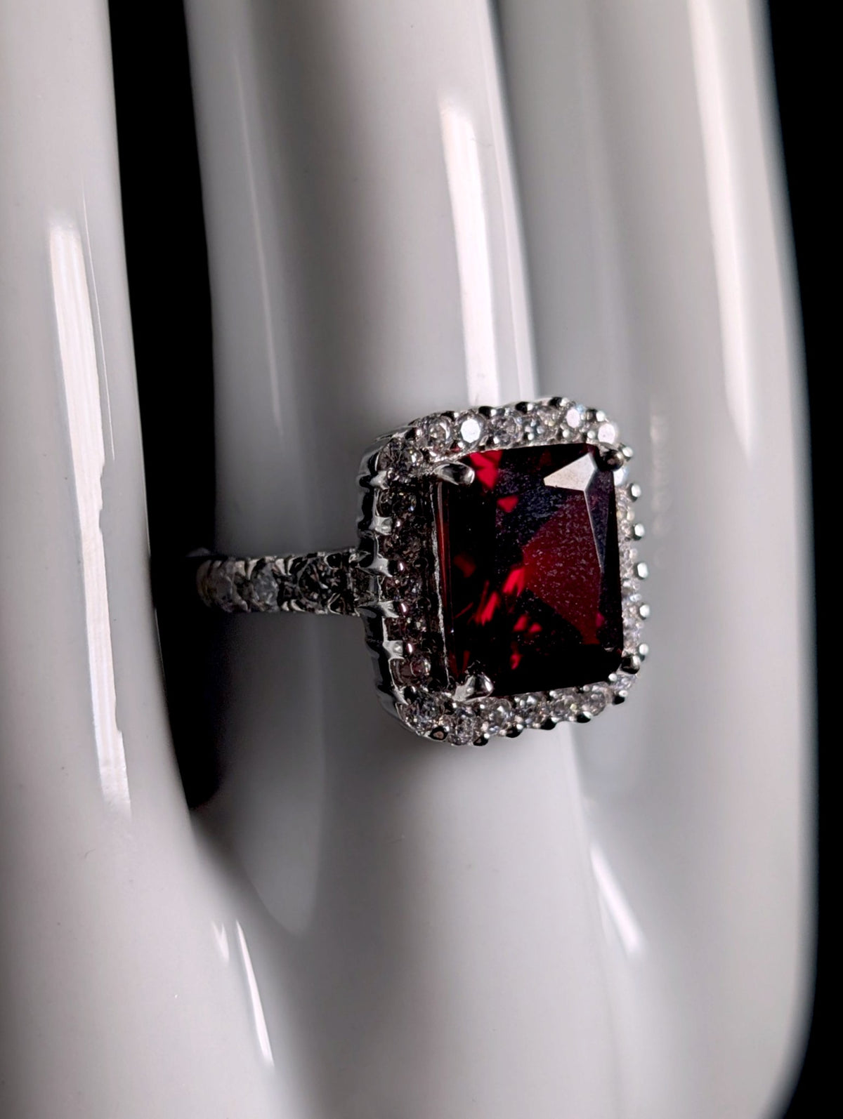 Vintage Inspired Emerald Cut Simulated Garnet Solitaire and Diamond Halo Sterling Silver Ring