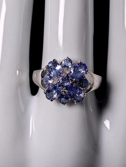 Vintage Starburst Genuine Tanzanite Cluster Flower Sterling Silver Ring