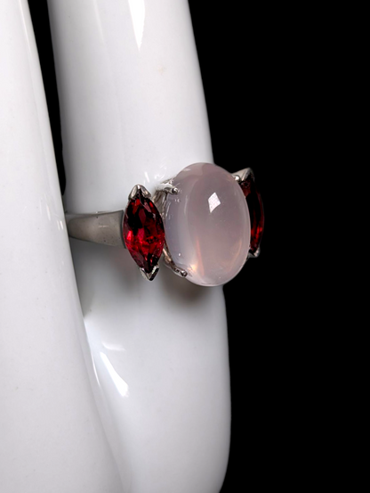 Vintage Cabochon Genuine Rose Quartz and Garnet Marquise Accent Stones Sterling Silver Ring