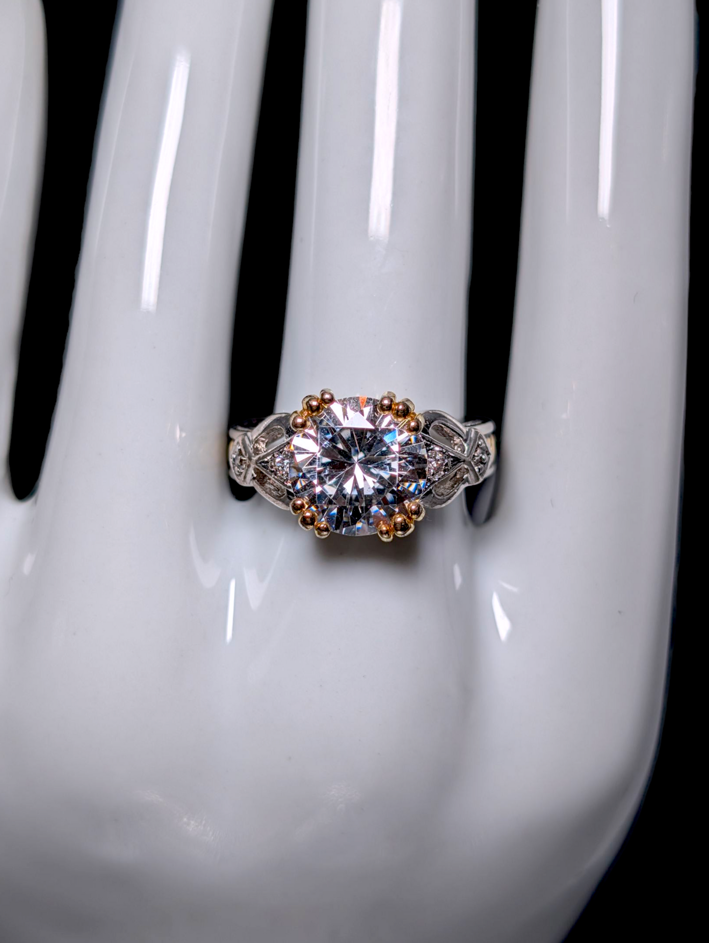 Vintage Brilliant Round Cut Simulated Diamond with Braided 18K Gold over Sterling Cocktail Statement Vacation Ring