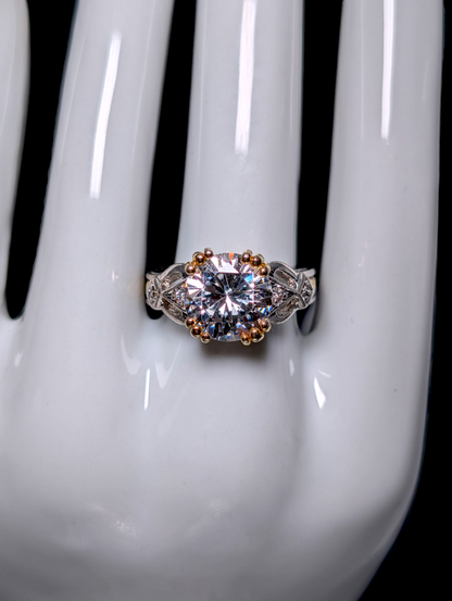 Vintage Brilliant Round Cut Simulated Diamond with Braided 18K Gold over Sterling Cocktail Statement Vacation Ring
