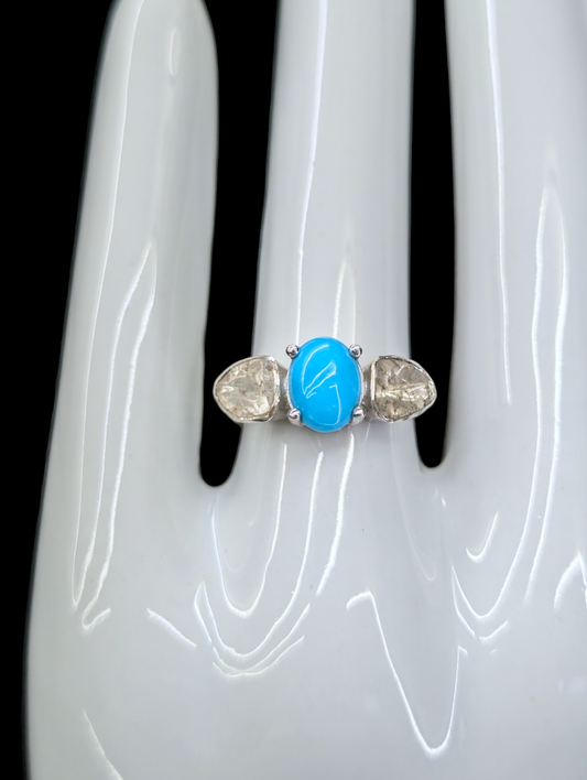 Vintage D'Joy Genuine Earth Mined Diamond and Genuine Sleeping Beauty Turquoise Sterling Silver Ring