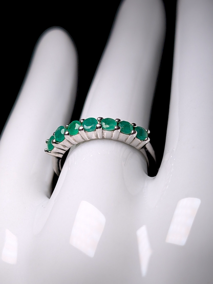 Vintage Half Eternity Band Round Cut Earth Mined Genuine Emerald Sterling Silver Ring