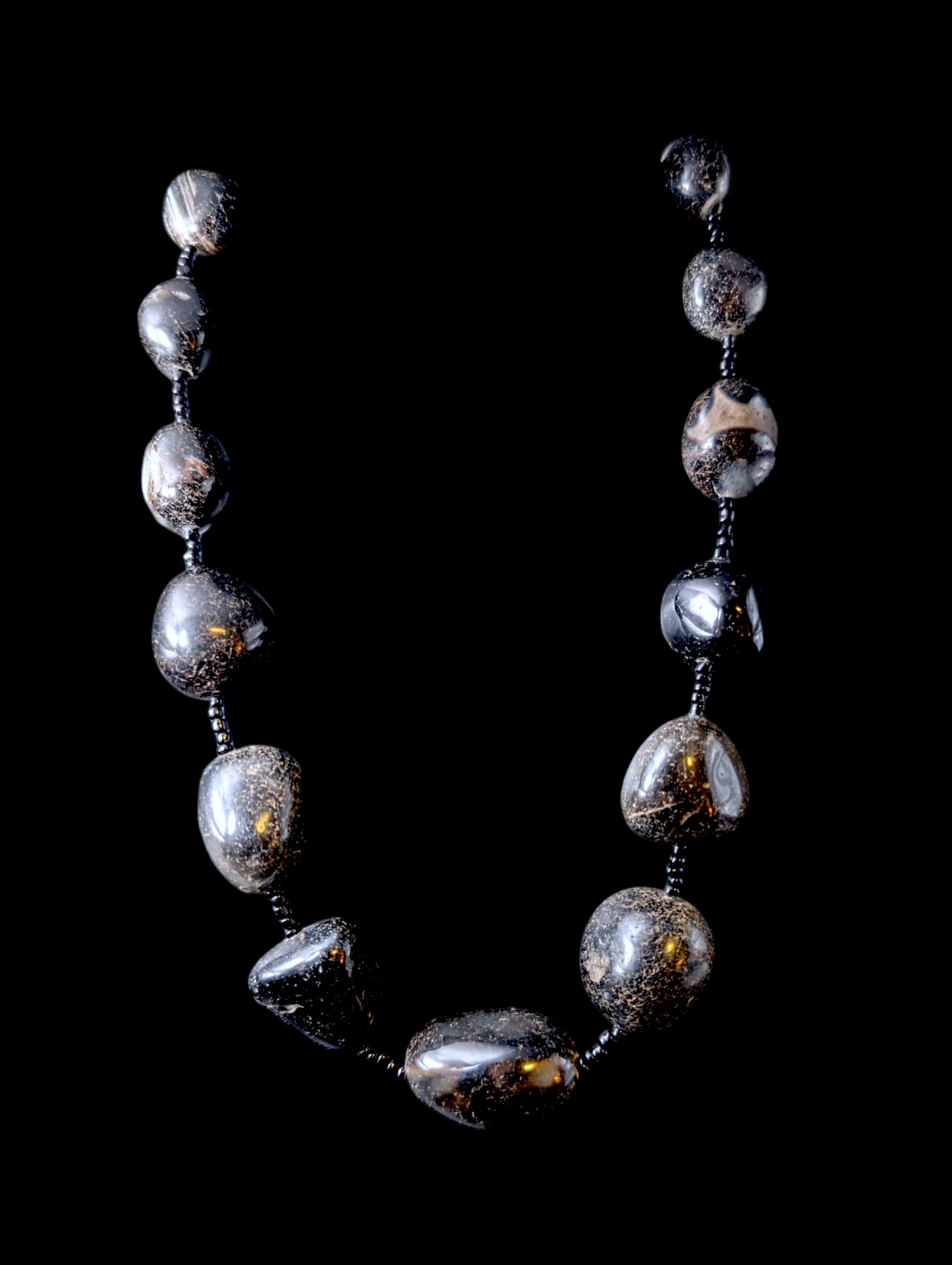 Vintage Chunky Earth Mined Genuine Black Imperial Jasper Polished Beaded Copper Necklace