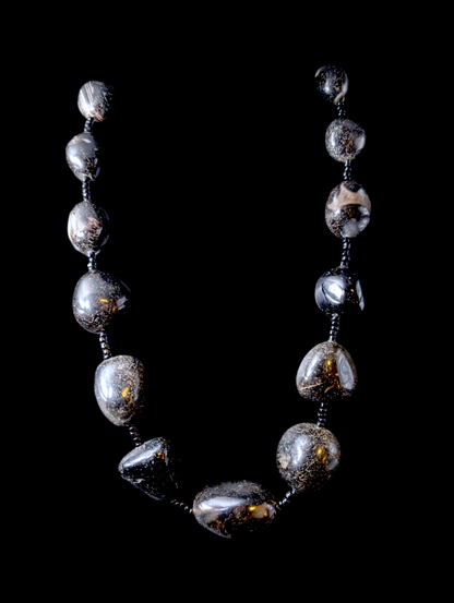 Vintage Chunky Earth Mined Genuine Black Imperial Jasper Polished Beaded Copper Necklace