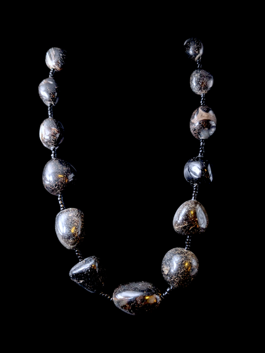 Vintage Chunky Earth Mined Genuine Black Imperial Jasper Polished Beaded Copper Necklace
