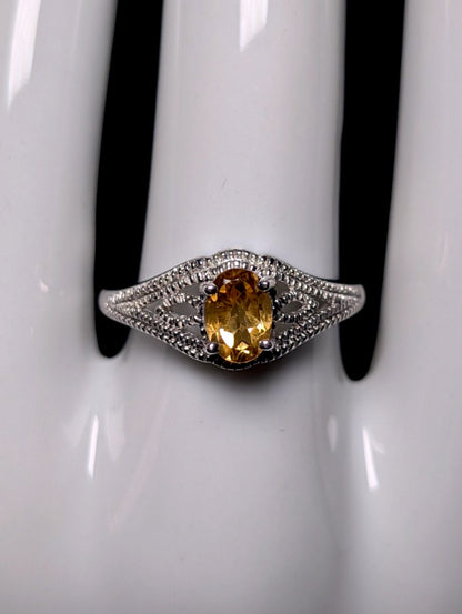 Vintage Art Deco Inspired Genuine Golden Citrine Solitaire with Filigree Sterling Silver Ring