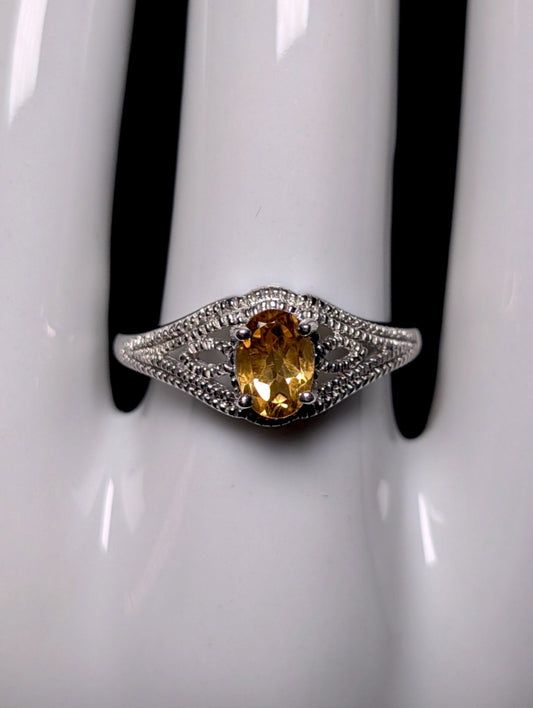 Vintage Art Deco Inspired Genuine Golden Citrine Solitaire with Filigree Sterling Silver Ring