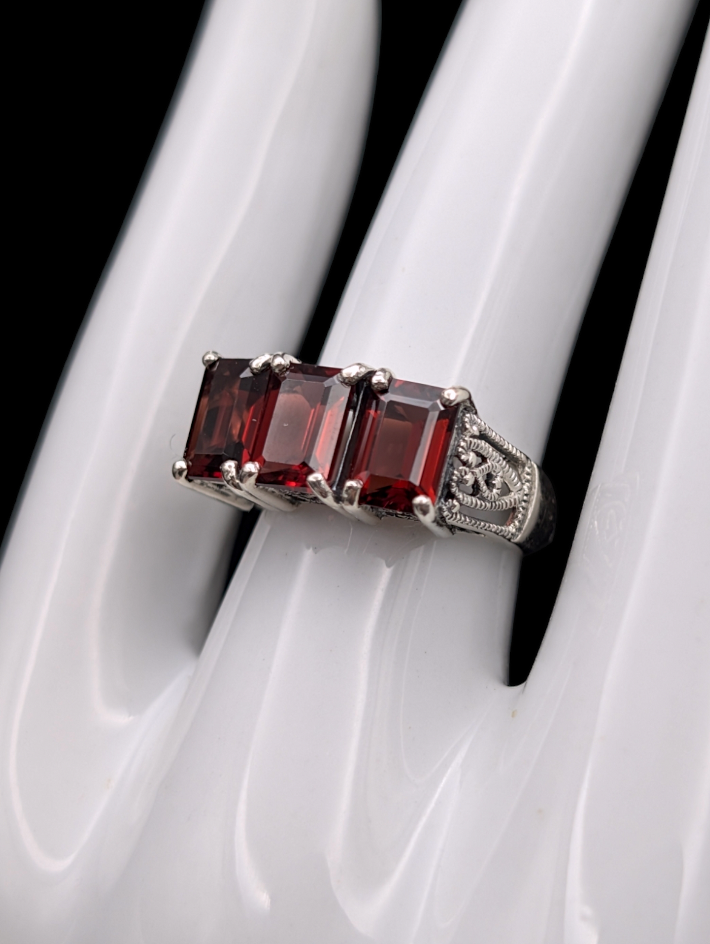 Vintage Emerald Cut Genuine Garnet Trio Sterling Silver 925 Ring