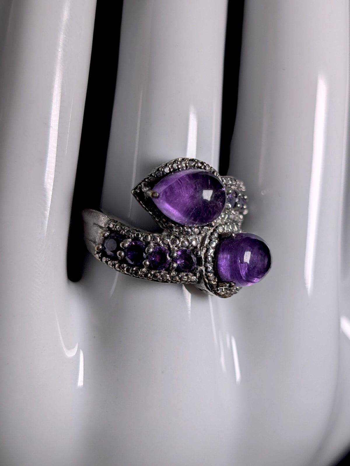 Vintage Twin Cabochon Cut Genuine Amethyst Wrap Silver Tone Ring