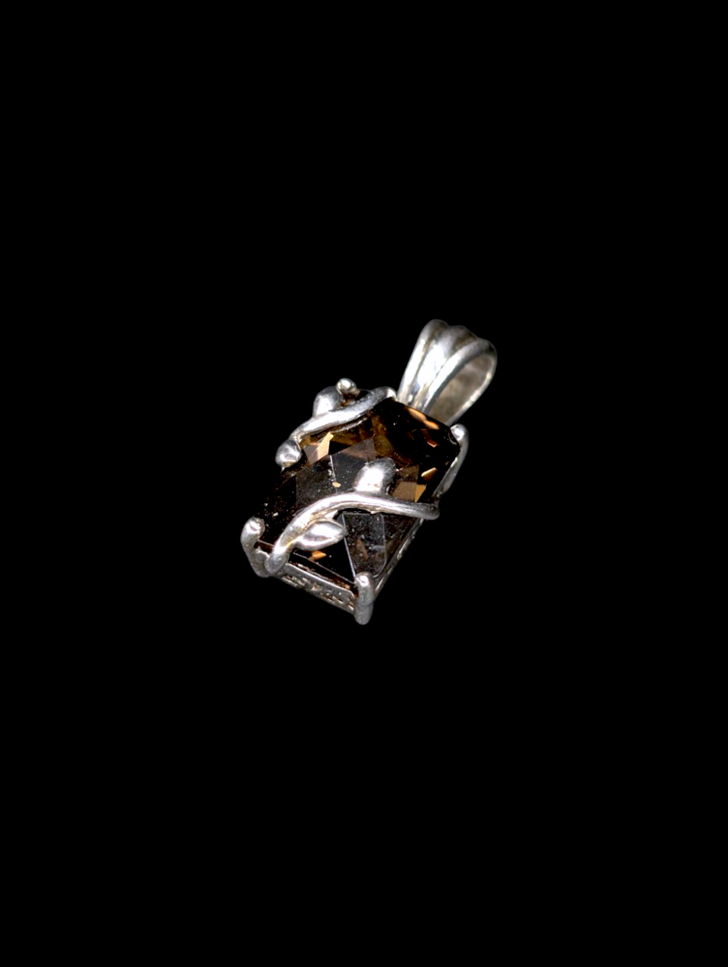 Vintage Ivy Genuine Smoky Quartz Checkerboard Cut Sterling Silver Pendant