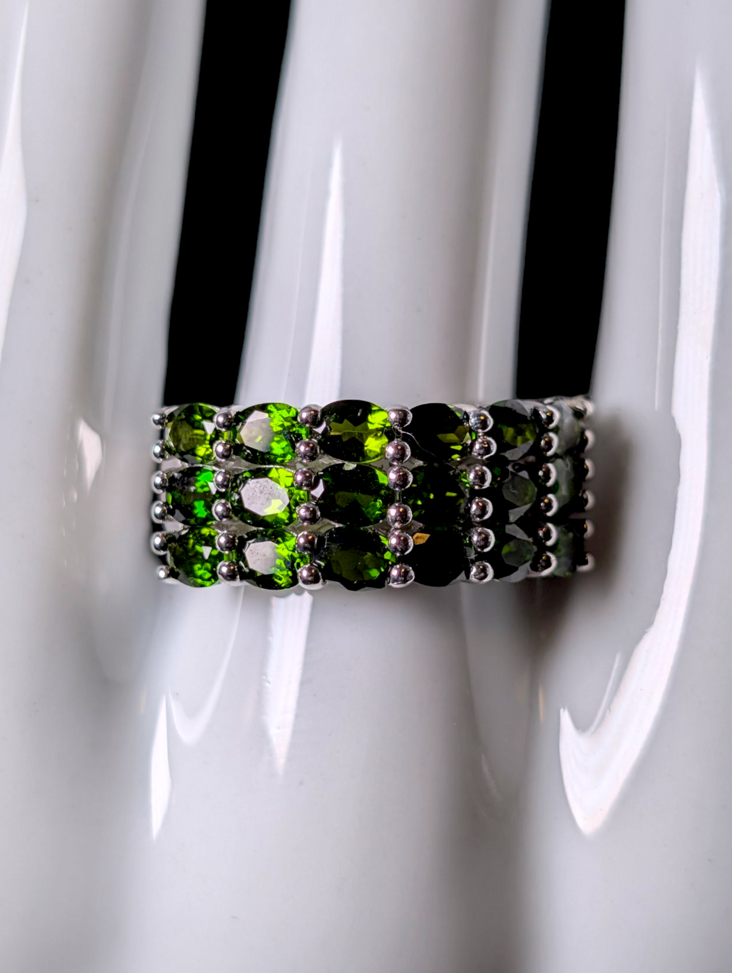 Vintage Three Row Earth Mined Genuine Green Chrome Diopside Sterling Silver Statement Ring