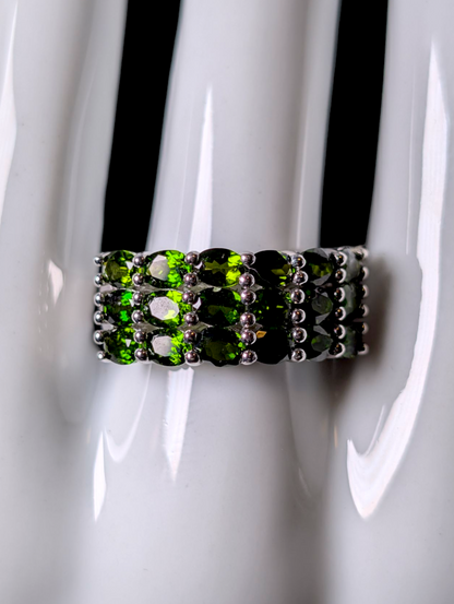 Vintage Three Row Earth Mined Genuine Green Chrome Diopside Sterling Silver Statement Ring
