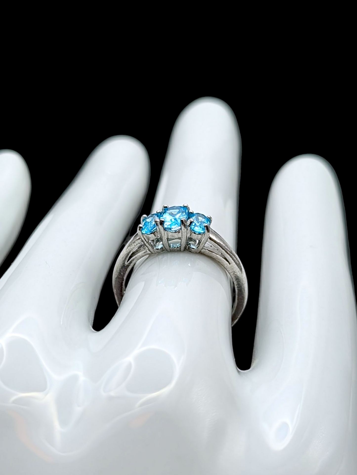 Vintage Dainty Trio Simulated Swiss Blue Topaz Sterling Silver Ring