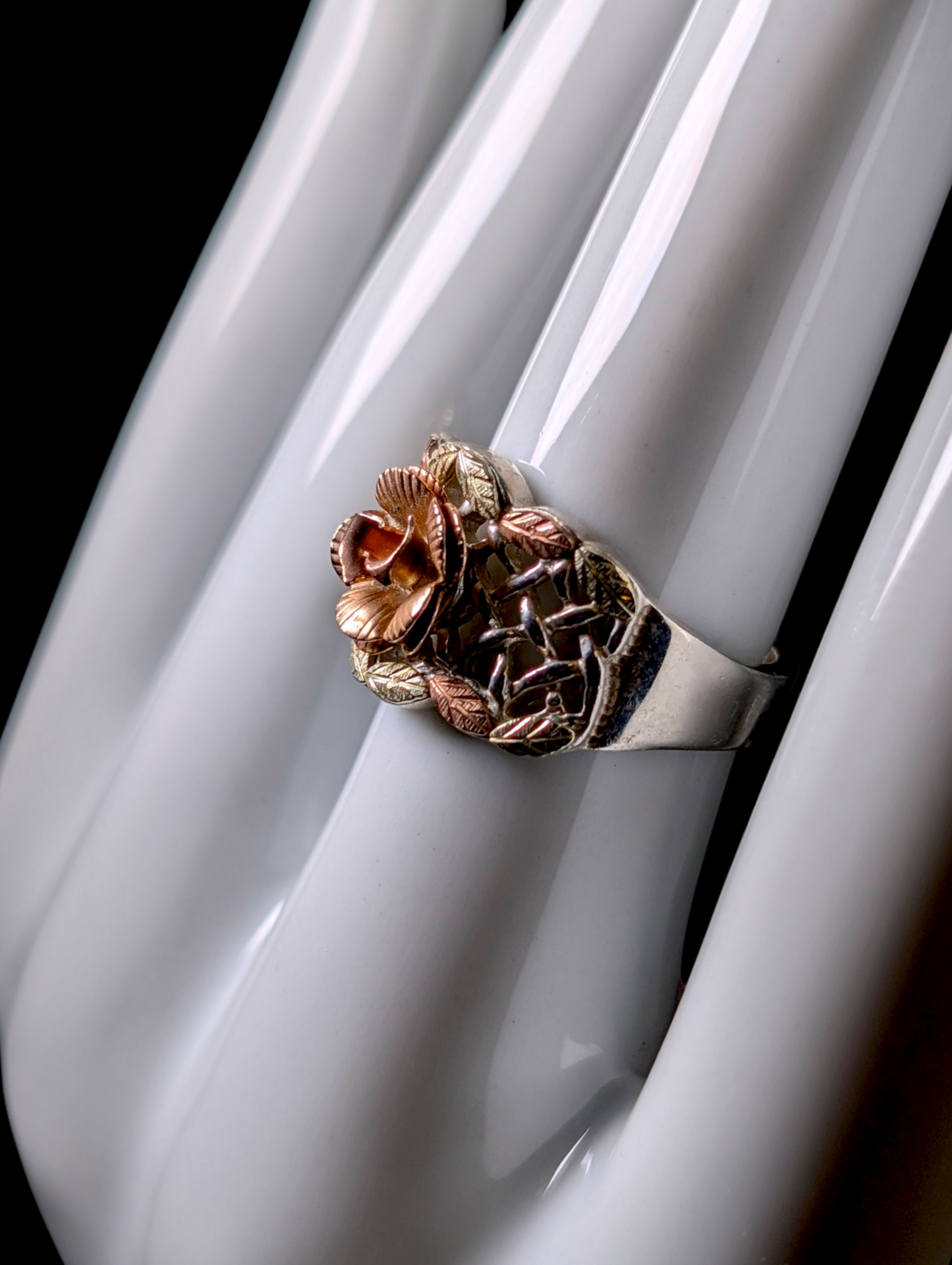 Vintage Black Hills Gold Carved Rose 12K Gold and Sterling Silver Basket Weave Ring