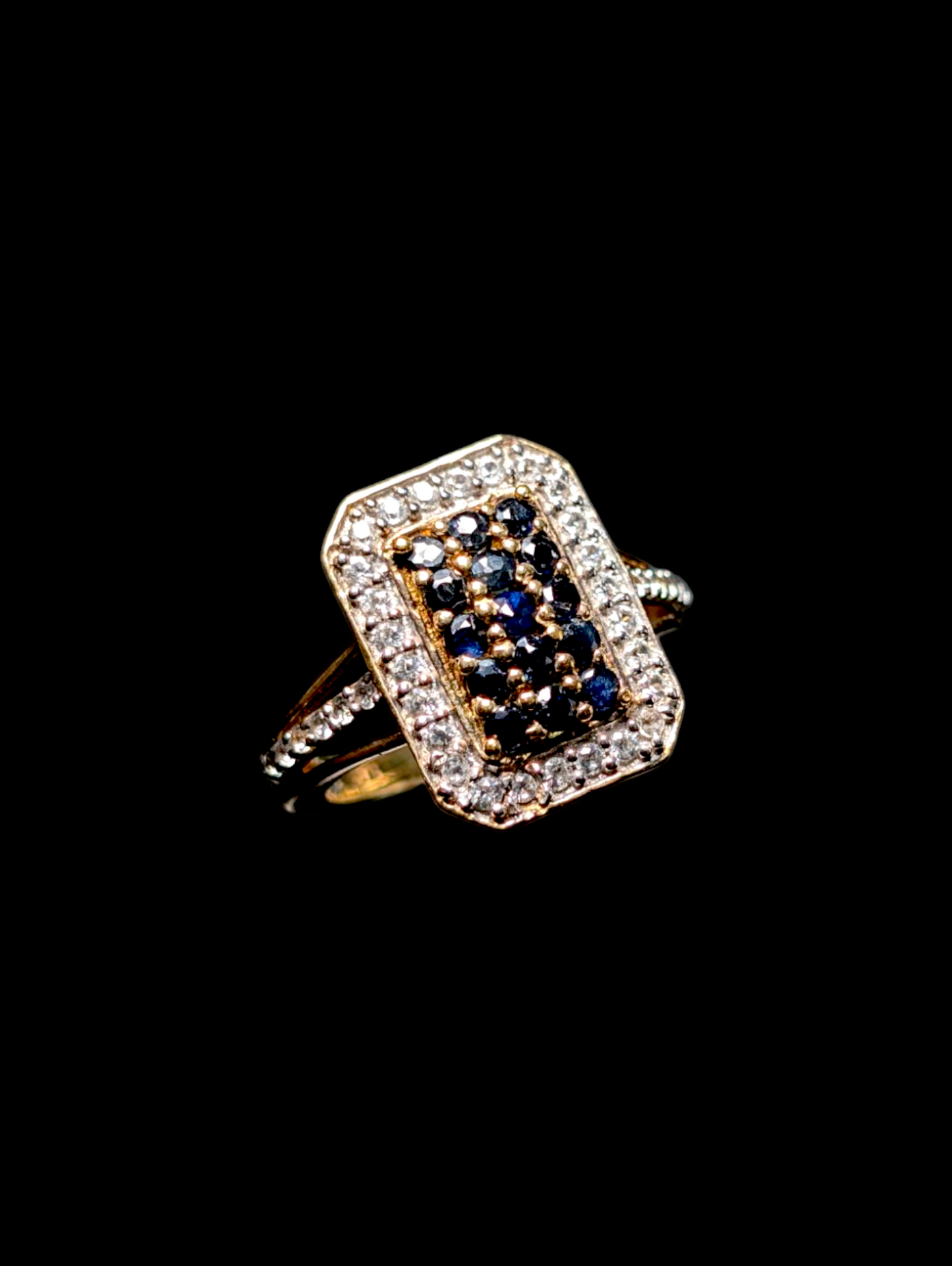 Vintage Elongated Cluster Genuine Royal Blue Sapphire and White Topaz 14k Yellow Gold Vermeil Tri Split Shank Ring