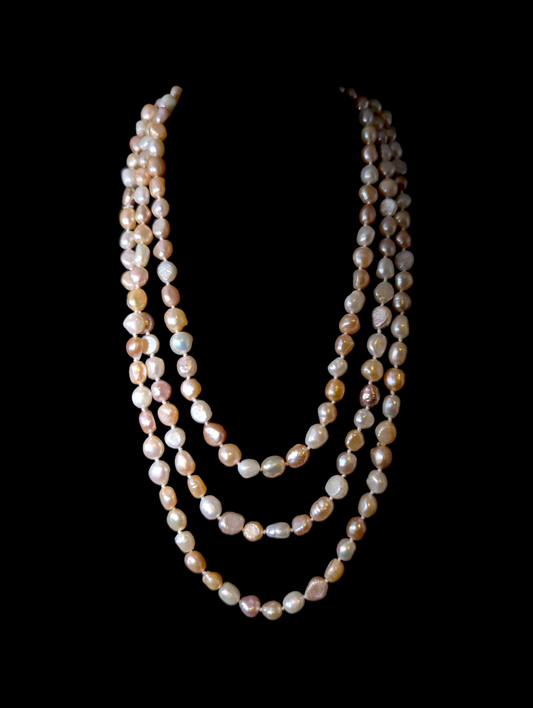 Vintage 64" Long Multi-Color Hand Knotted Genuine Freshwater Pearl Baroque Shape Pink, White, Champagne Continuous Single Strand Necklace