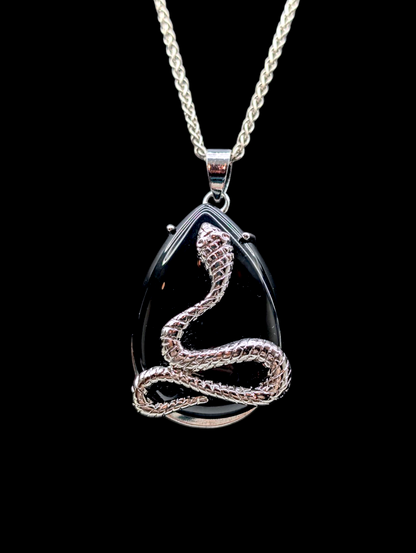 Vintage Inspired Genuine Black Onyx and Silver Snake Teardrop Pendant