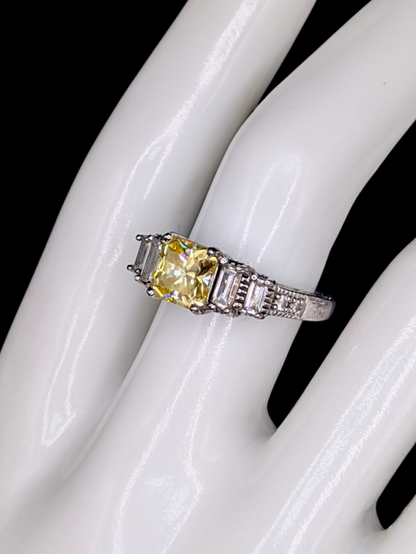 Vintage Square Radiant Cut Simulated Yellow Topaz Solitaire on Ornate Carved Mount Sterling Silver Ring