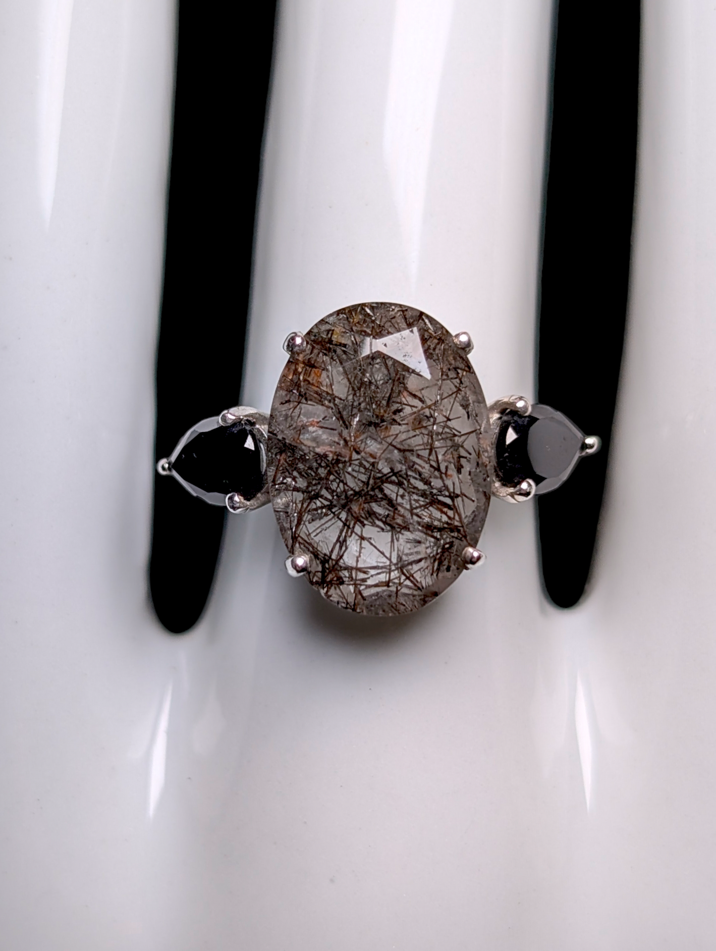 Vintage Oval Cut Earth Mined Genuine Rutilated Quartz and Black Onyx Sterling Silver Statement Ring