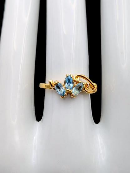 Vintage Simulated Swiss Blue Topaz Filigree Gold Tone Dainty Ring