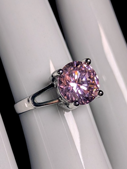 Vintage Round Brilliant Cut Simulated Pink Diamond Solitaire Silver Toned Ring