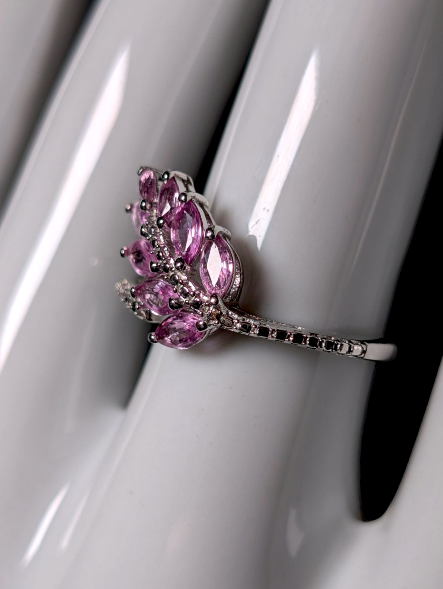 Vintage Fern Leaf Genuine Pink Sapphire Cluster in Sterling Silver Ring