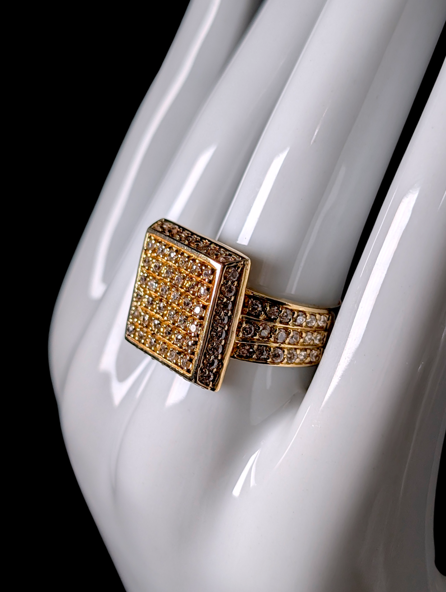 Vintage Large Dazzling Square Simulated Diamond Gold over Sterling Silver Statement Ring