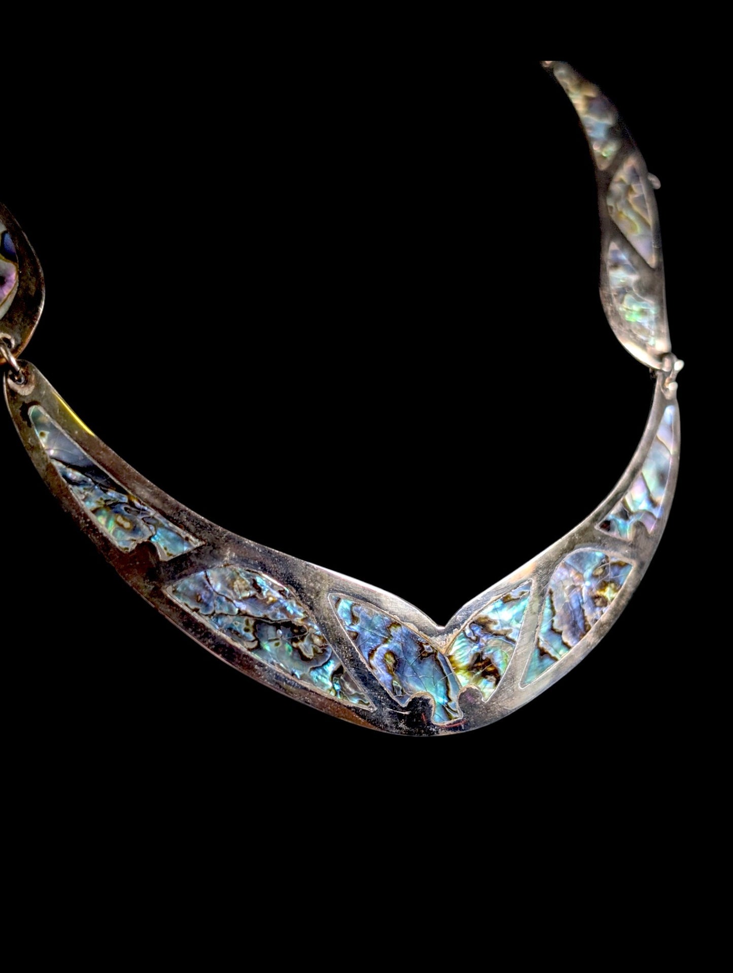 Vintage Mexican Silver Abalone Inlay 3 Piece Necklace, Bracelet, Earrings Set