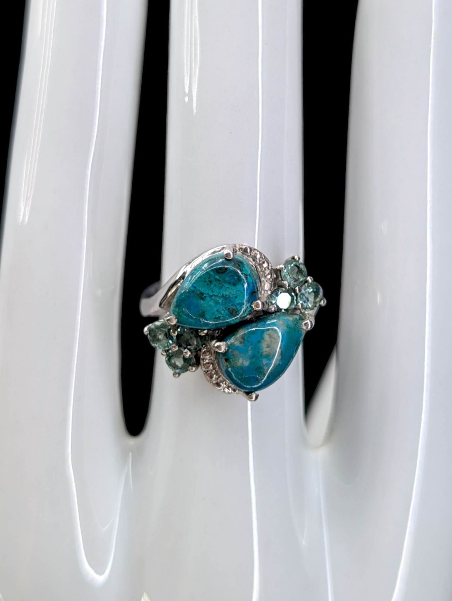 Vintage Genuine Kingsman Turquoise Double Pear Cut with Blue Green Tourmaline Accents Sterling Silver Ring