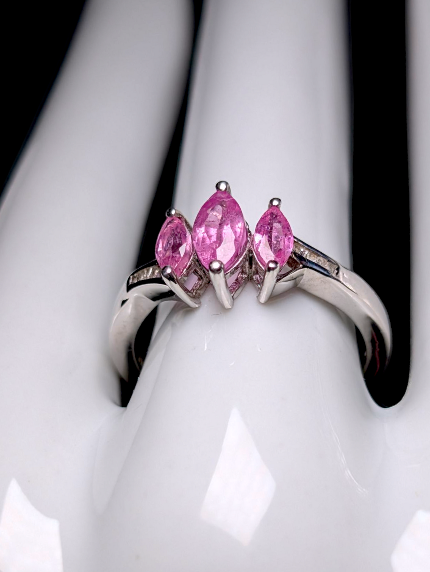 Vintage Marquise Cut Trio Genuine Pink Ruby Sapphire and Diamond Accent Sterling Silver Ring