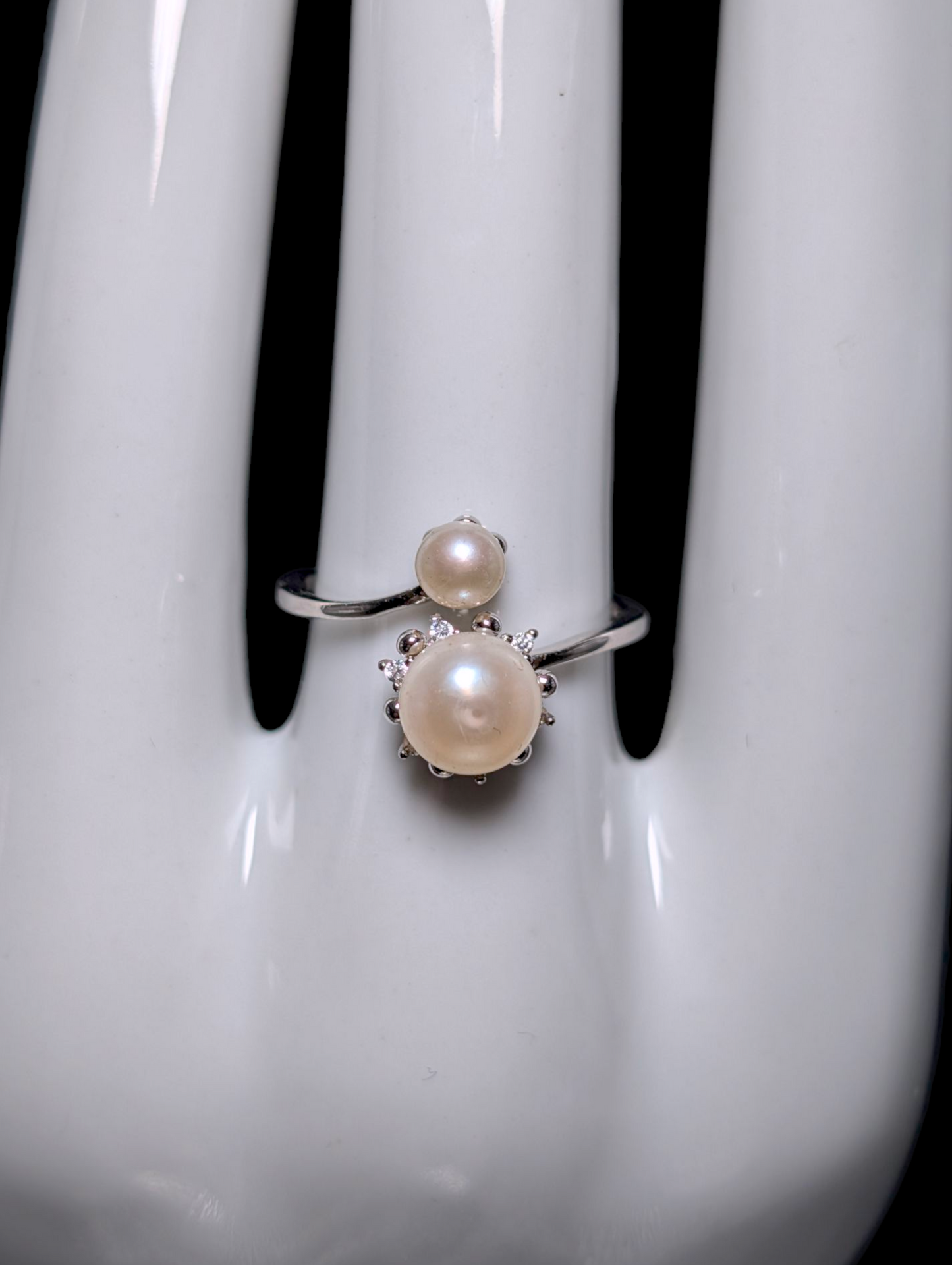 Vintage Inspired Crossover Sun and Moon Genuine Cultured Pearl with Simulated Diamond Starburst Halo Dainty Sterling Silver Ring