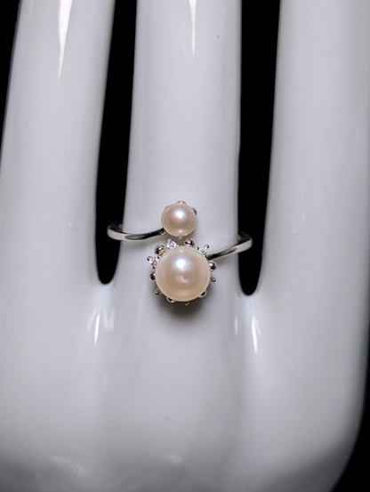 Vintage Inspired Crossover Sun and Moon Genuine Cultured Pearl with Simulated Diamond Starburst Halo Dainty Sterling Silver Ring
