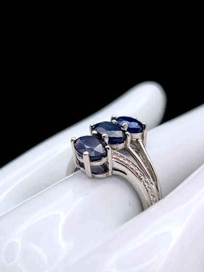 Vintage Oval Cut Three Stone Genuine Royal Blue Sapphire Split Shank Sterling Silver Ring