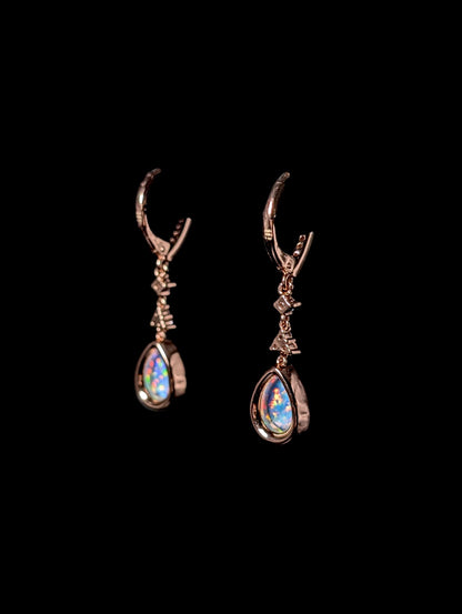 Vintage Inspired Genuine Opal and Simulated Diamond Rose Gold Toned Dangle Earrings