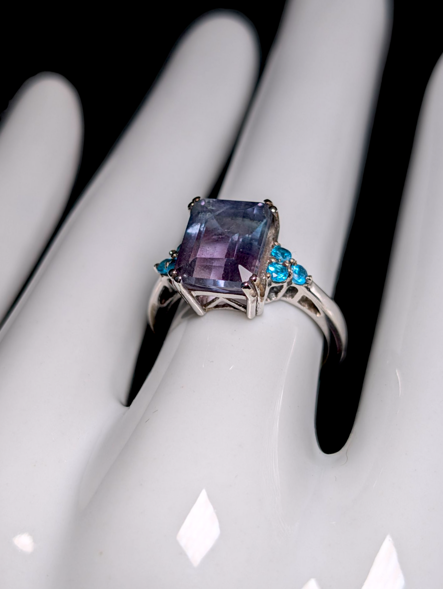 Vintage Emerald Cut Genuine Bi Color Fluorite with Malgache Neon Apatite Accent Stones Sterling Silver Ring