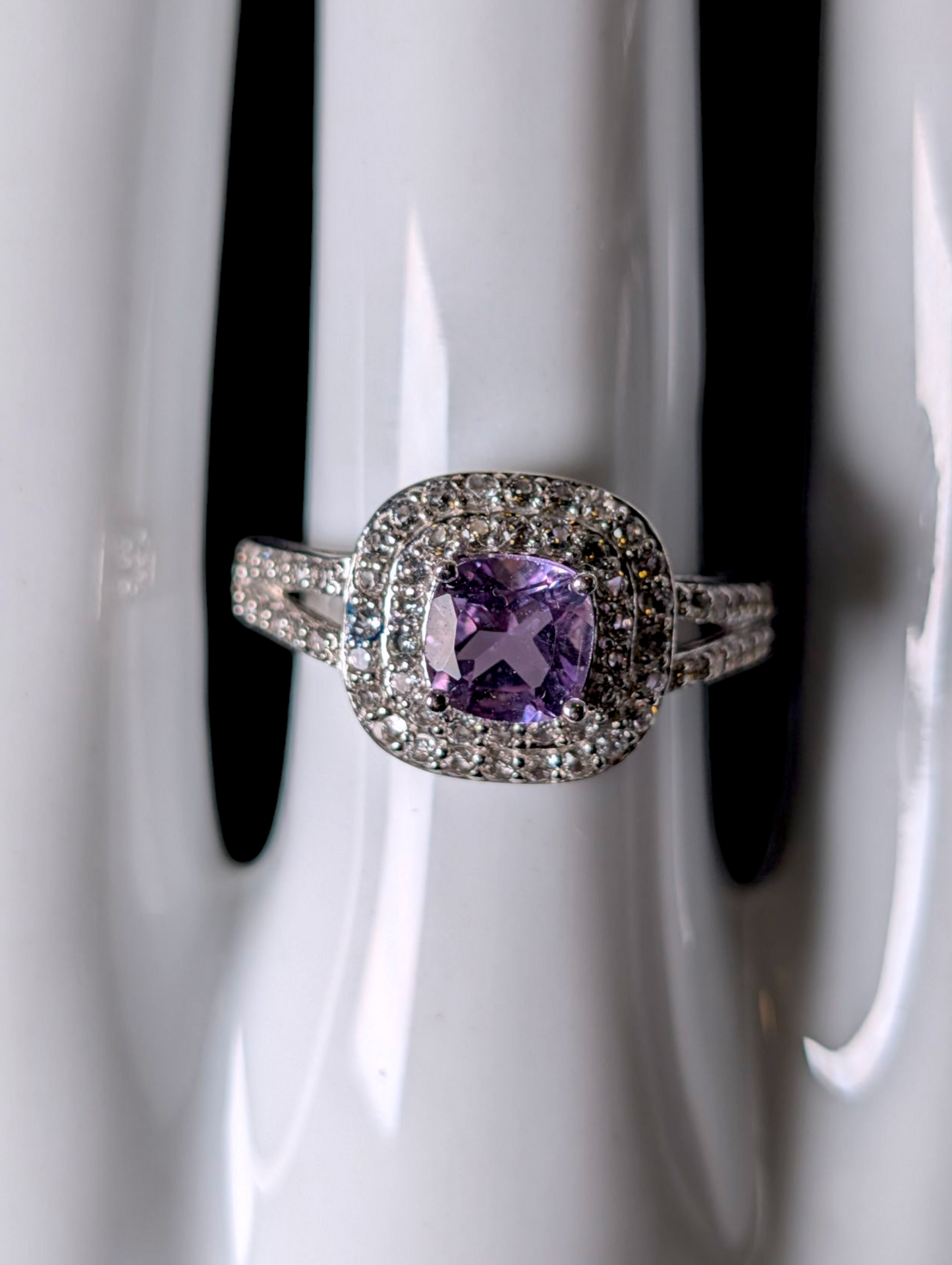 Vintage Cushion Cut Genuine Purple Amethyst Solitaire with White Zircon Double Halo Sterling Silver Ring