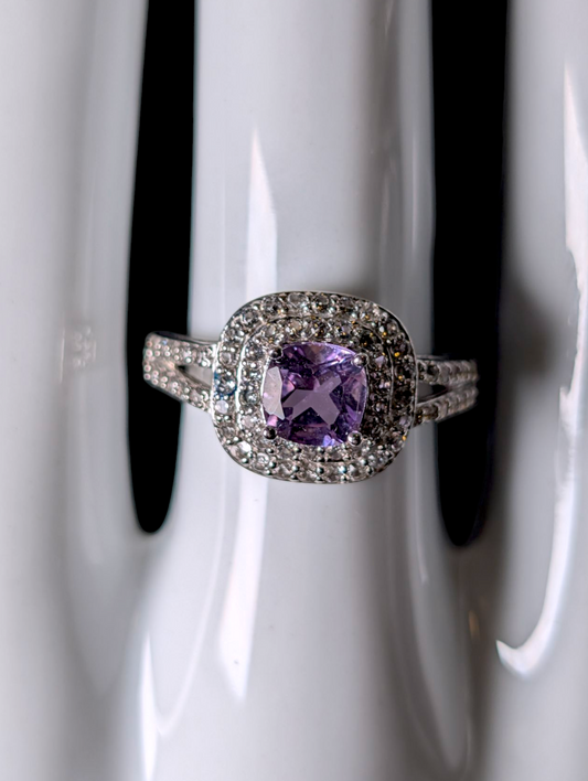 Vintage Cushion Cut Genuine Purple Amethyst Solitaire with White Zircon Double Halo Sterling Silver Ring