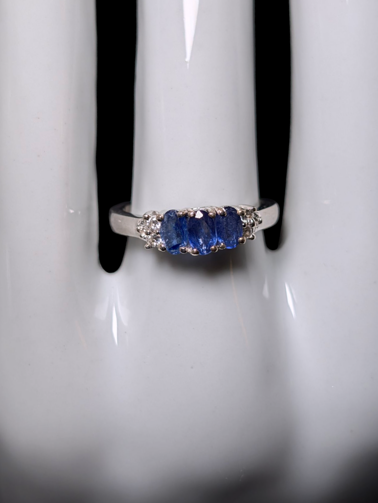 Vintage Dainty Three Stone Genuine Blue Kyanite and White Zircon Sterling Silver Ring