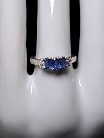 Vintage Dainty Three Stone Genuine Blue Kyanite and White Zircon Sterling Silver Ring