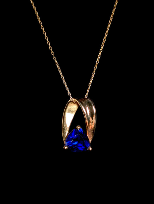 Vintage Trillion Cut Genuine Royal Blue Sapphire 18k Yellow Gold over Sterling Pendant