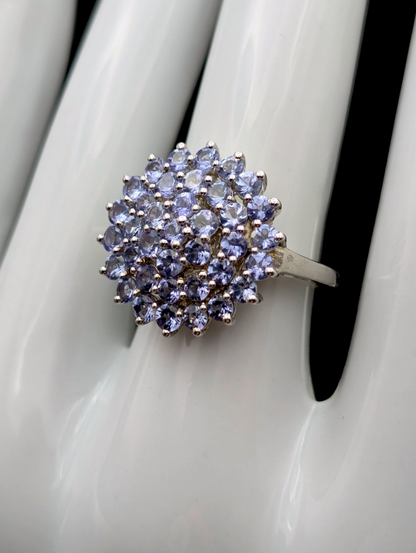 Vintage Round Cluster Earth Mined Genuine Tanzanite Rhodium over Sterling Silver Ring