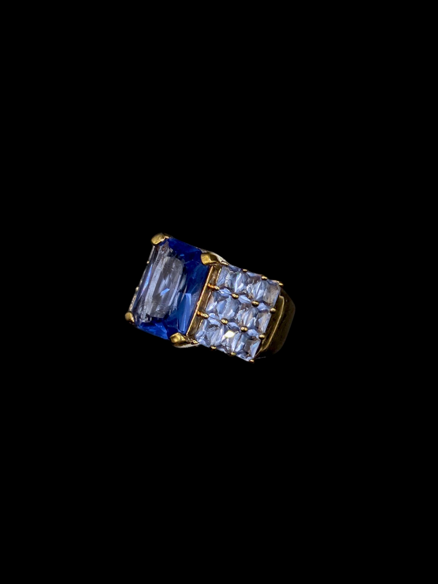 Vintage Chateau D'Argent Rectangular Radiant Cut Simulated Blue Sapphire Solitaire with Matching Accents Gold Over Sterling Silver Statement Cocktail  Ring