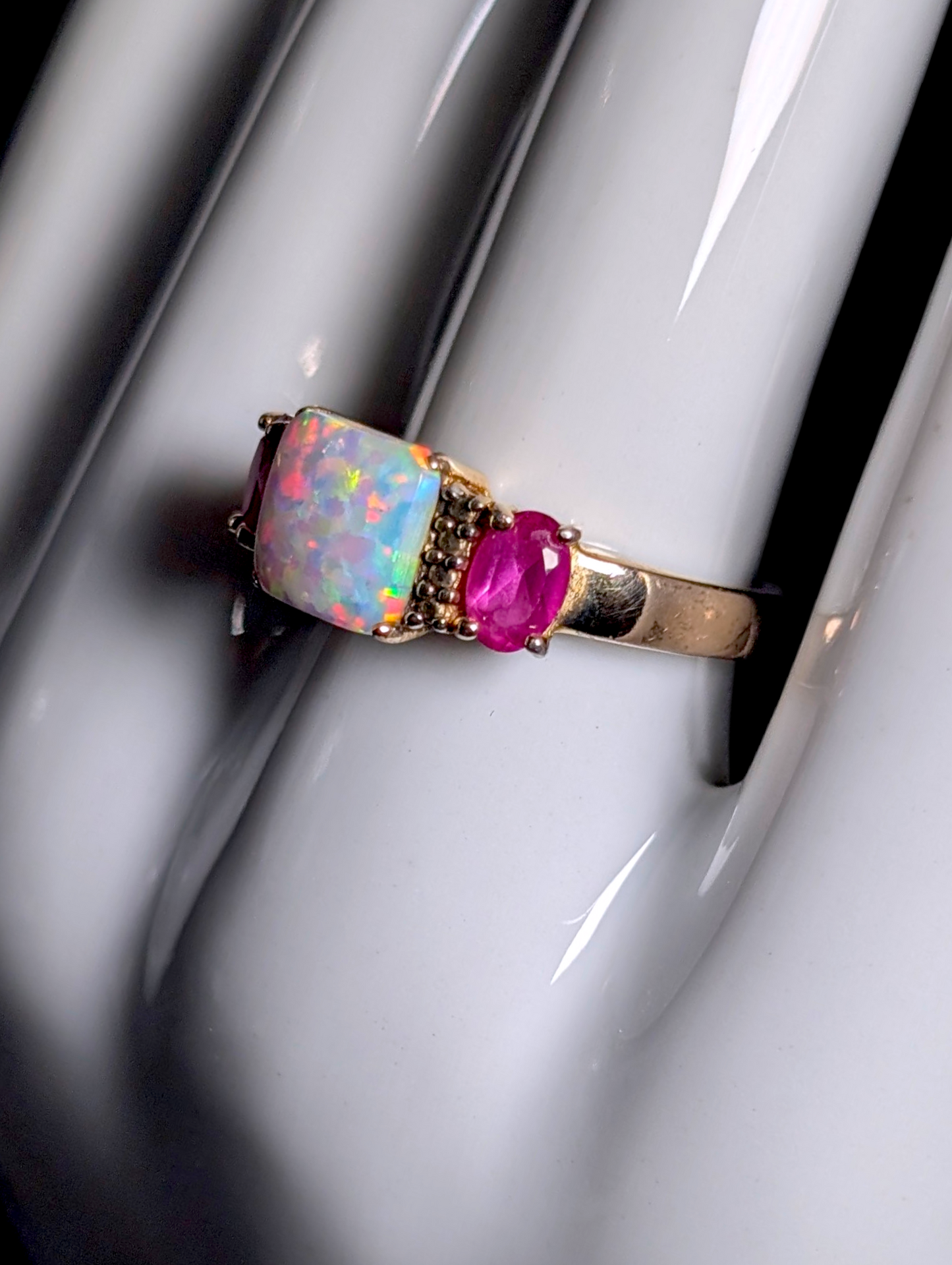 Vintage Princess Cabochon Cut Genuine Opal Solitaire with Oval Cut Pink Ruby Sapphire Accents 18kt Yellow Gold over Sterling Silver Ring