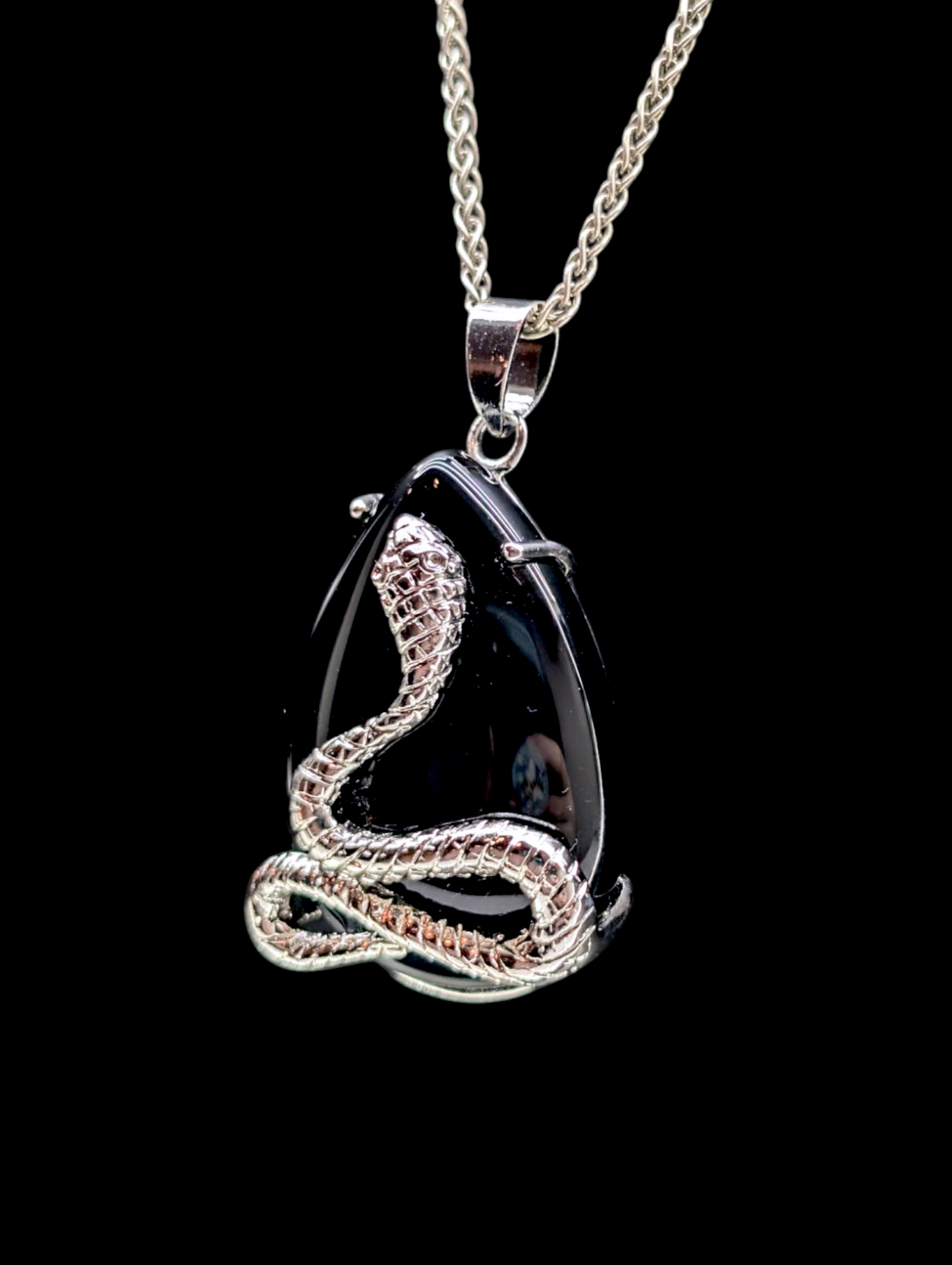 Vintage Inspired Genuine Black Onyx and Silver Snake Teardrop Pendant