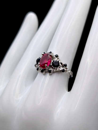 Vintage Oval Cut Simulated Pink Sapphire Solitaire and Simulated Black Diamond Silver Toned Ring
